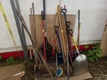 Large Group of Long Handles Garden Tools, Rakes, Spades, Forks, Shovels, Br
