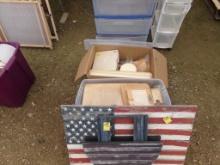 US Flag Themed Folding Side Table and Flag Decorations Plus (2) Boxes of Cr