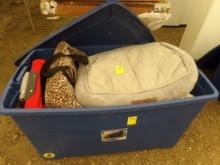 Large Blue Tote With Lid, Full of Small Pet Beds, Sweaters, Etc.