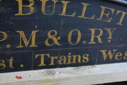 TRAIN BULLETIN WOODEN SIGN, 33" x 9 1/4" TO TOP OF ARCH