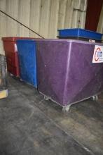 (3) PLASTIC LAUNDRY CARTS, (1) BLUE, (1) RED AND (1) PURPLE