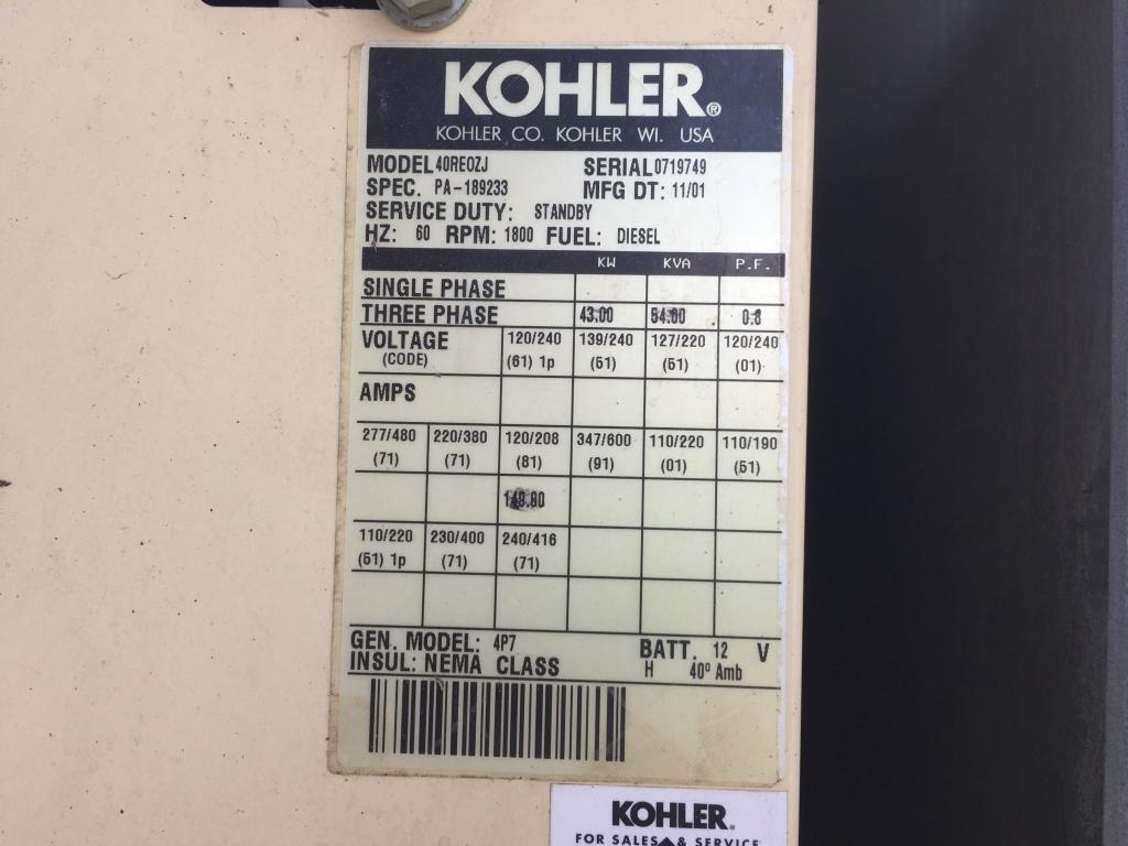 2001 Kohler Power System 40RE02J 54KVA Generator,