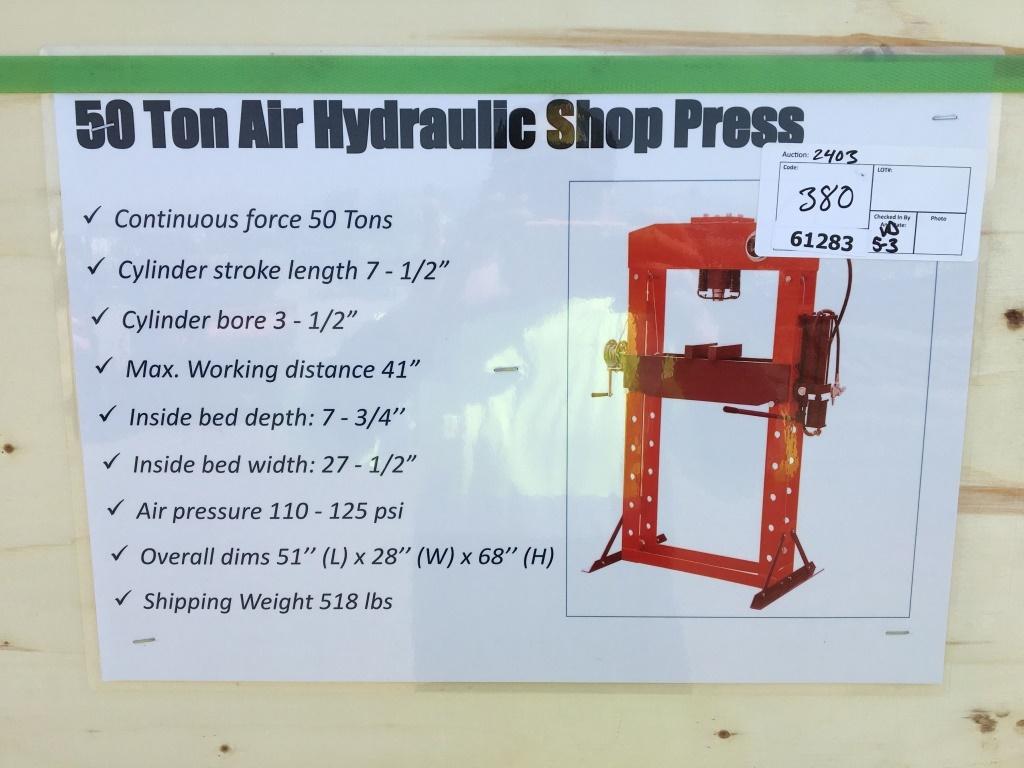 Unused 50-Ton Air/Hydraulic Shop Press.