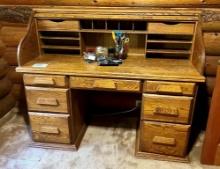 Vintage Solid Oak Roll Top Desk