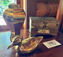 Brass Vase, Etched Hinged Lid Box, and Duck