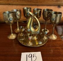 Set Jeweled Arabic Brass Wine Goblets, Cordials