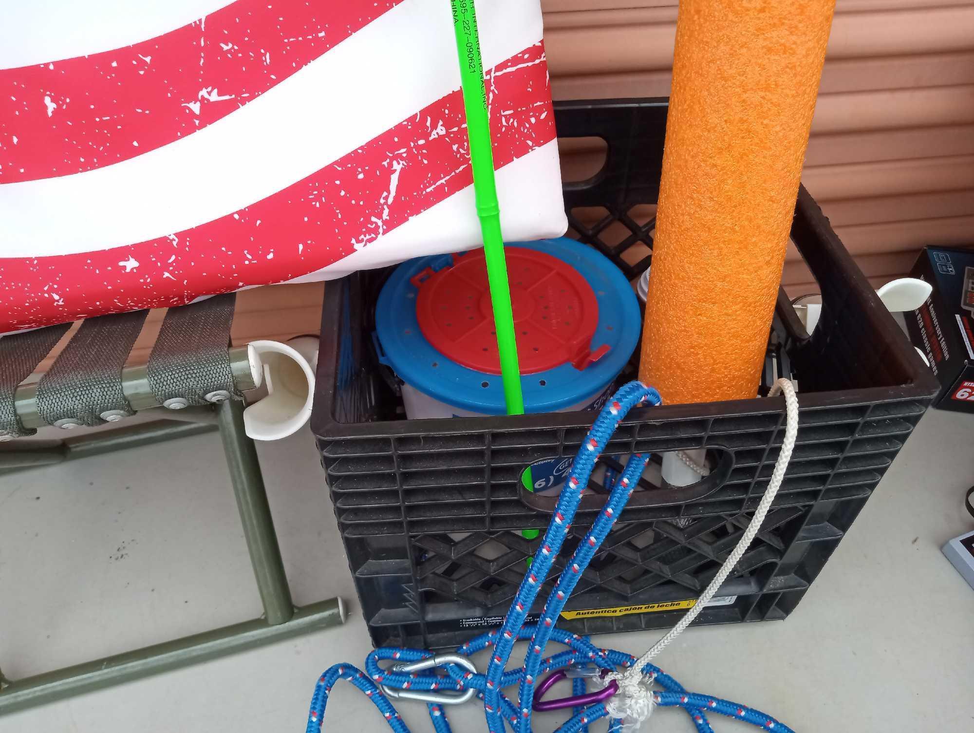 FISHING IN WATER GEAR INCLUDING NET, BAIT BUCKET, FOLDABLE STAND AND PAD WITH FISHING POLE HOLDERS