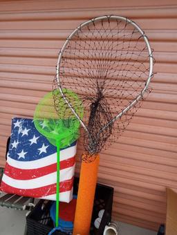FISHING IN WATER GEAR INCLUDING NET, BAIT BUCKET, FOLDABLE STAND AND PAD WITH FISHING POLE HOLDERS
