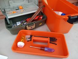 PAIR OF TACKLE BOXES WITH CONTACTS INCLUDING TOOLS, SOME FISHING AND MORE