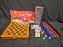 OLD SCHOOL GAMES GROUPING including CHESS,BACKGAMMON WOODEN SET,SCRABBLES, CARDS AND DICE