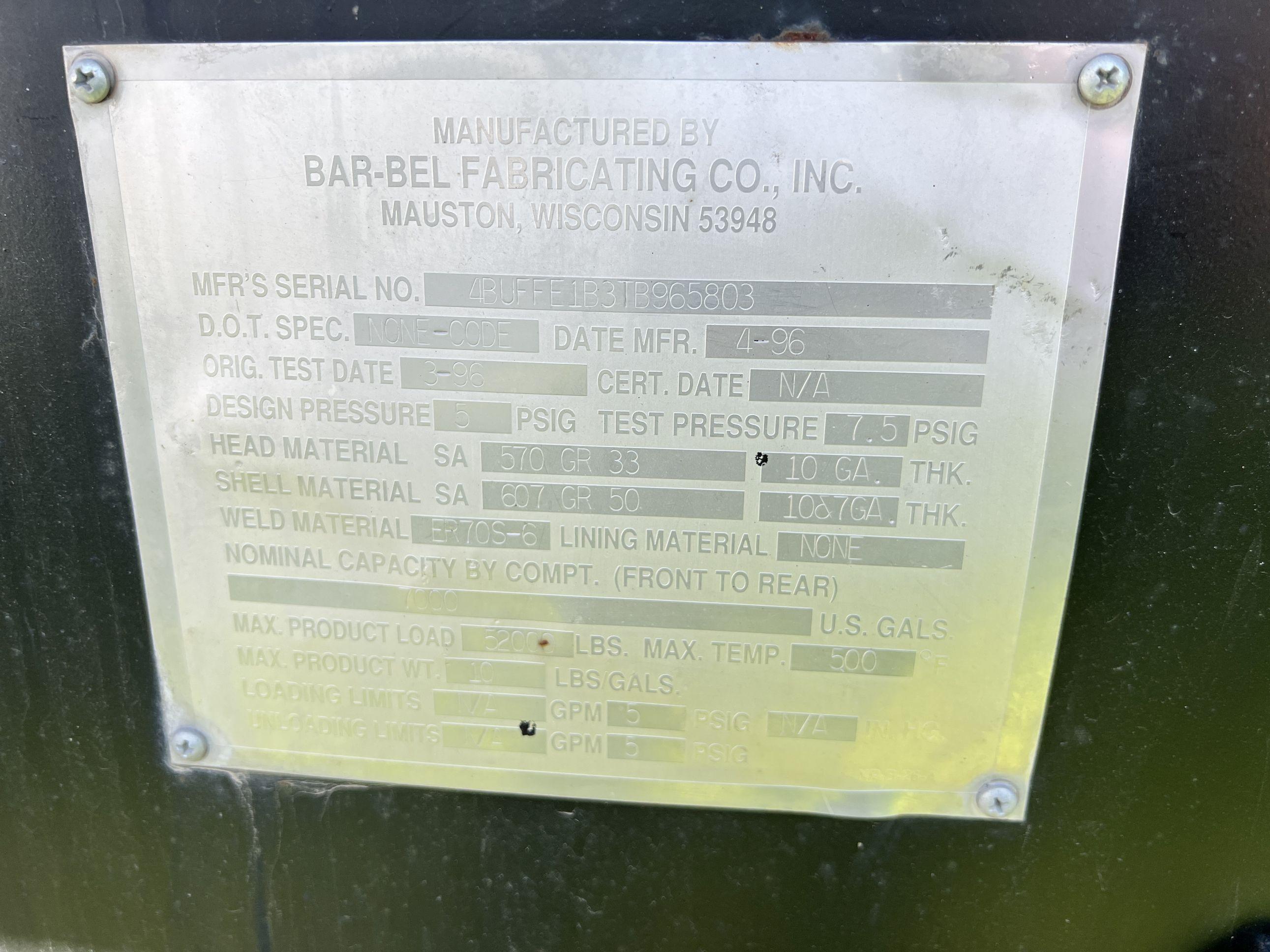 BAR-BEL Fabricating 1996 Tanker Trailer 4BUFFE1B3TB965803 Bryan, TX