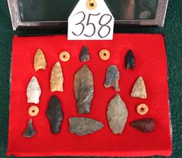 13 Authentic Paleo Arrowheads & Artifacts in Display Case