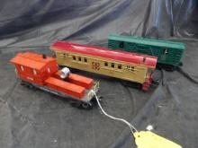(3) Train Cars, Orange, Green & Tan