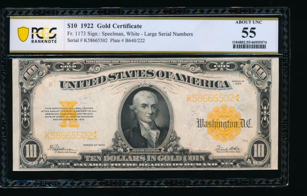 1922 $10 Gold Certificate PCGS 55