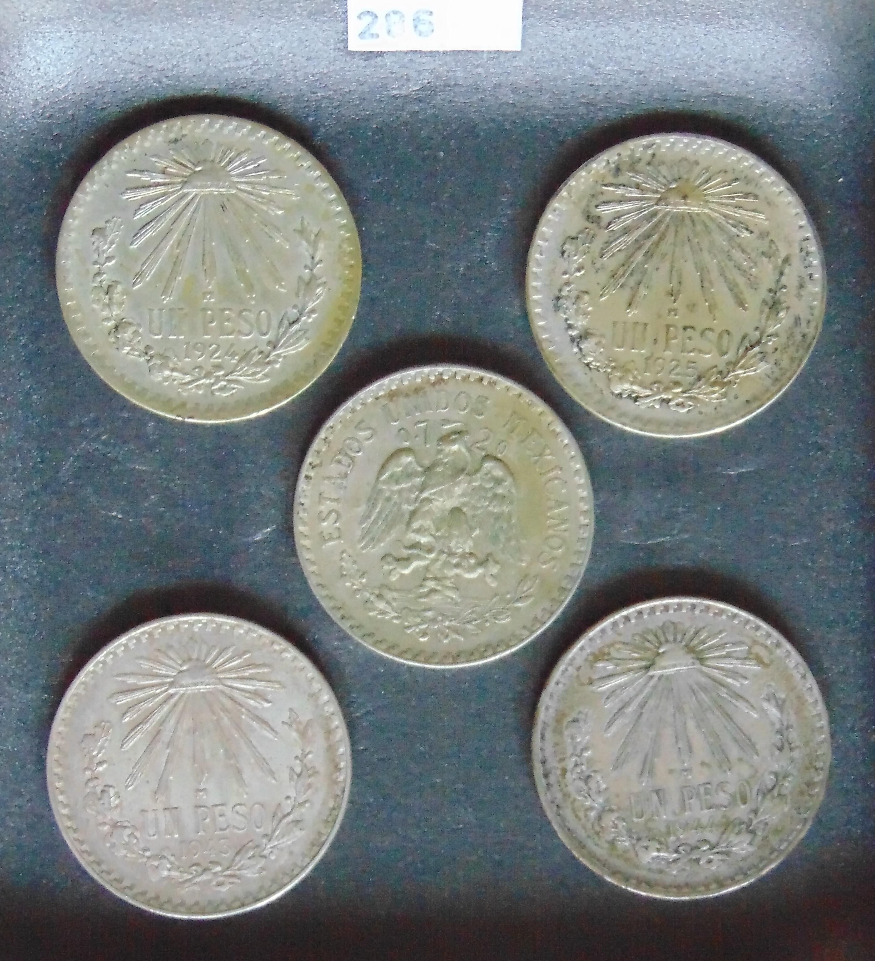 5 Mexico Silver Pesos: 1924, 1925, 1934, 1943,