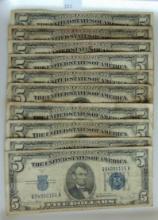 10 $5 Silver Certificates 1934C - 1953A G-VG.