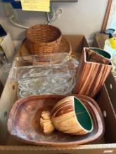 Assorted wooden dishes and glass ware