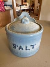 Antique stoneware hanging blue and white crock salt box.... Shipping