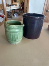 Black crock, green crock pitcher (chipped)