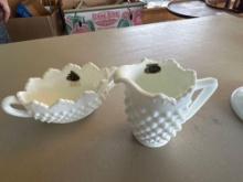 Fenton Hobnail milk glass cream and open oval sugar bowl set and 2 Fenton bud vases.... (Nice!!!!)
