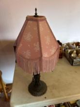 Vintage Metal Base Table Lamp with Fringe Cloth Shade