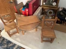 3 piece wooden doll drop leaf table and 2 chairs.