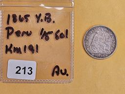 1865 Peru silver 1/5 sol in About Uncirculated