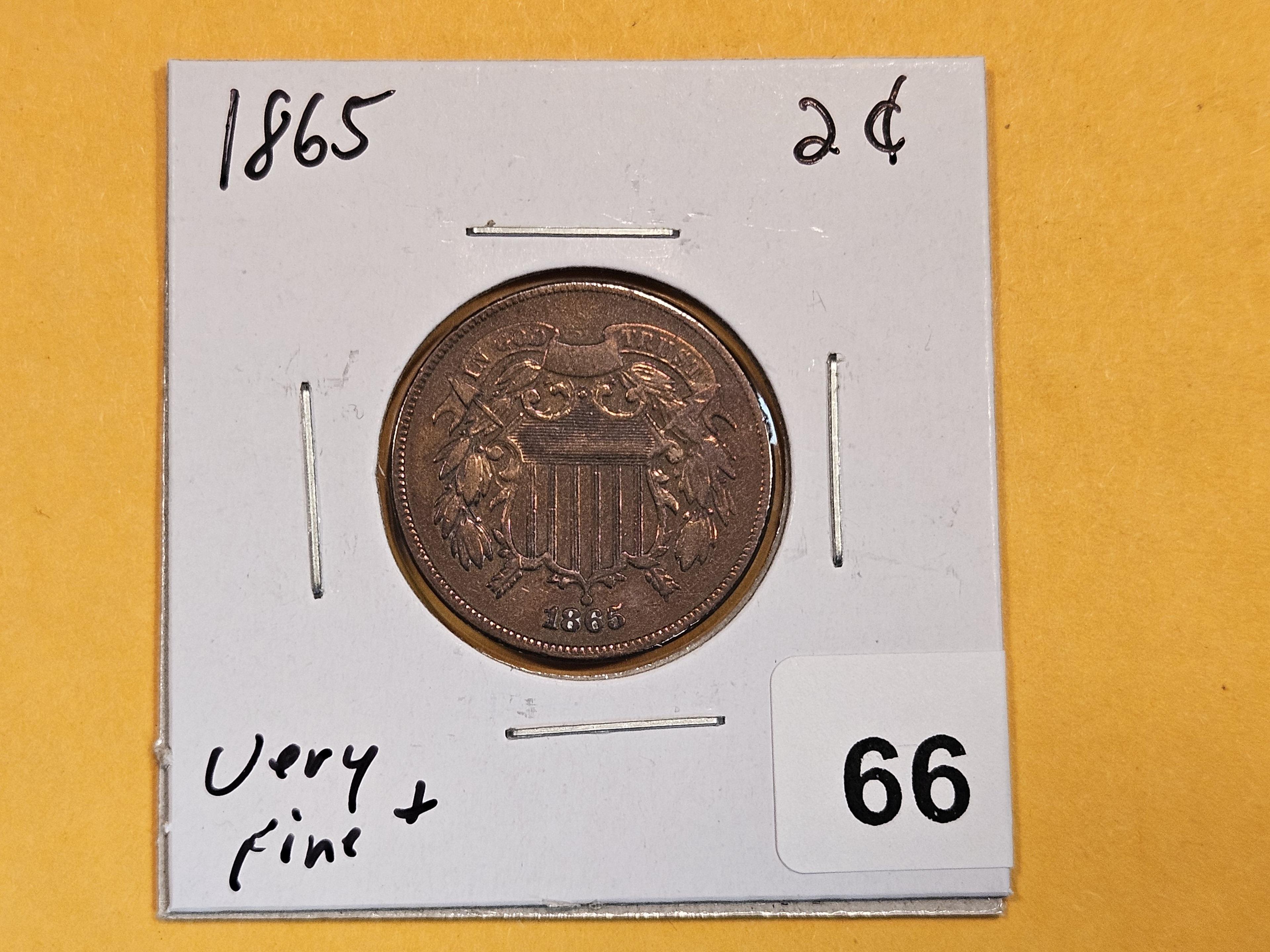 1865 Two Cent piece in Very Fine plus