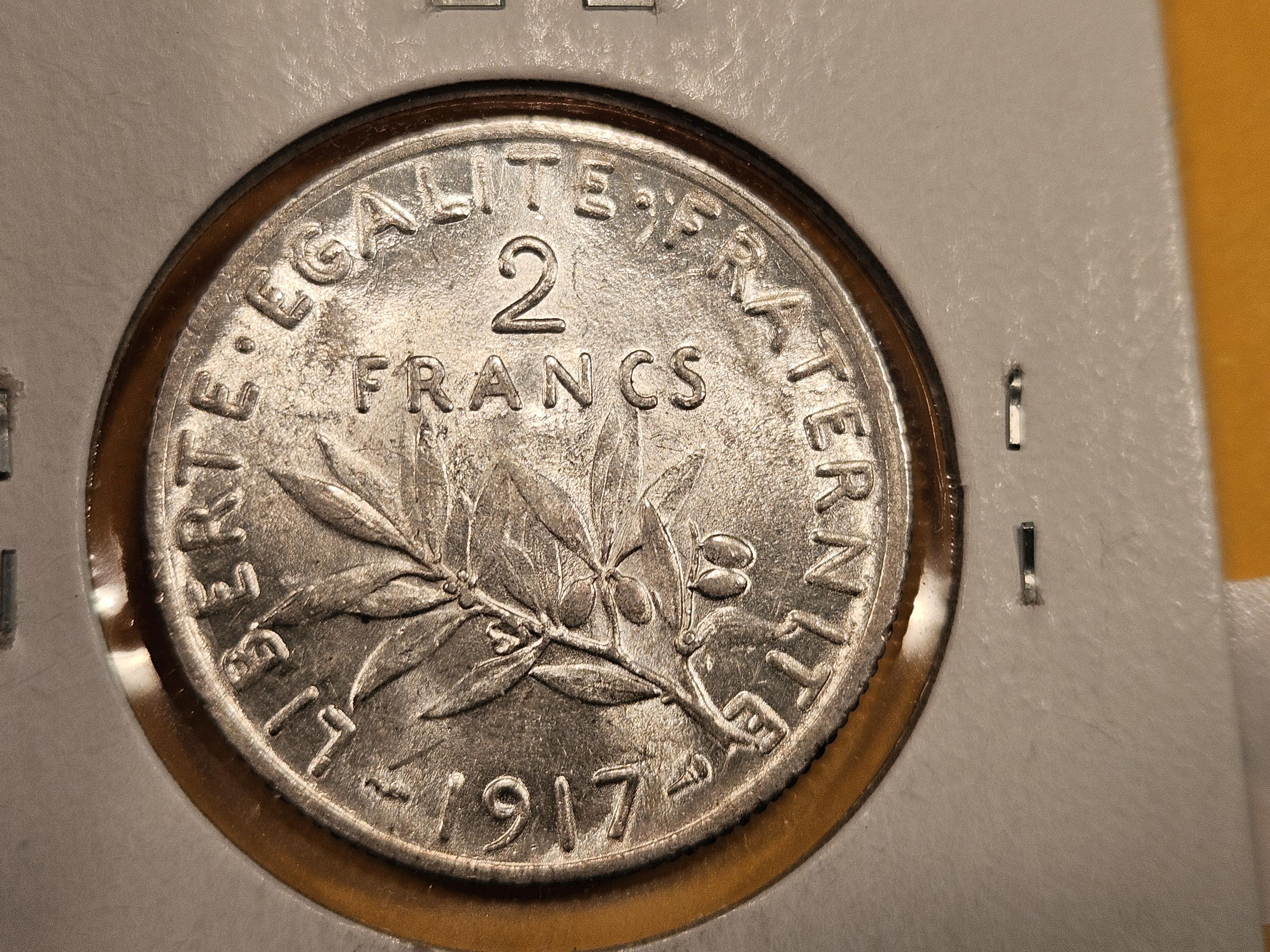 Choice Brilliant Uncirculated 1917 France silver 2 francs