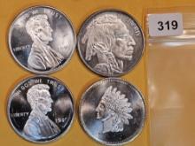 Four 1 Troy ounce .999 fine silver art rounds