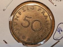 Brilliant Uncirculated 1954 Saarland 50 franken