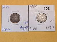1874 and 1885 Seated liberty Dimes