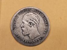 1895 Norway silver 50 ore in Very Fine