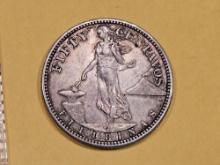 1919-S Philippines silver 50 centavos in Extra Fine