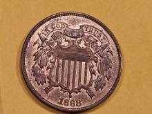 Bright 1868 Two Cent piece in Red-Brown About Uncirculated