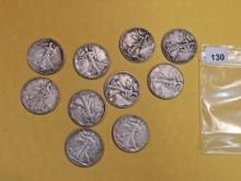 Ten Mixed Silver Walking Liberty Half Dollars