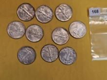 Ten mixed silver Walking Liberty Half Dollars