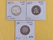 Three little better Seated Liberty Quarters