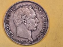 1876 Denmark 2 kroner in Extra Fine