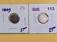 1849 and 1858 Seated Liberty Half Dimes