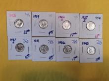 Eight mixed silver Mercury Dimes