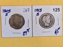 1905-S and 1915-S Barber Quarters