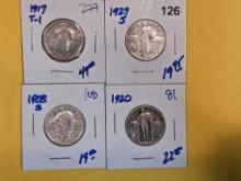 Four mixed Standing Liberty Quarters
