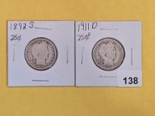 Two Semi-Key 1892-S and 1911-D Barber Quarters