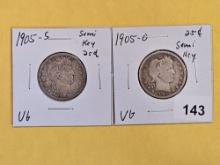 Two Semi-Key 1905-O and 1905-S Barber Quarters