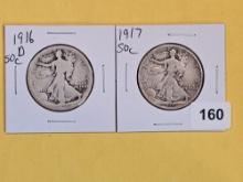 Semi-Key 1916-D and 1917 Walking Liberty Half Dollars