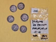 Six silver Philippines 20 centavos