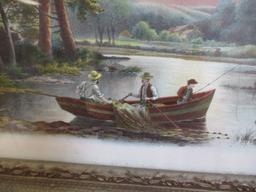 Hand Colored "Summer Moonlight on Lake Chautauqua" Framed Victorian Artwork