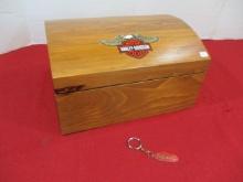 Hinged Wooden Box w/ Harley Davidson Graphic & Peterbilt Keychain