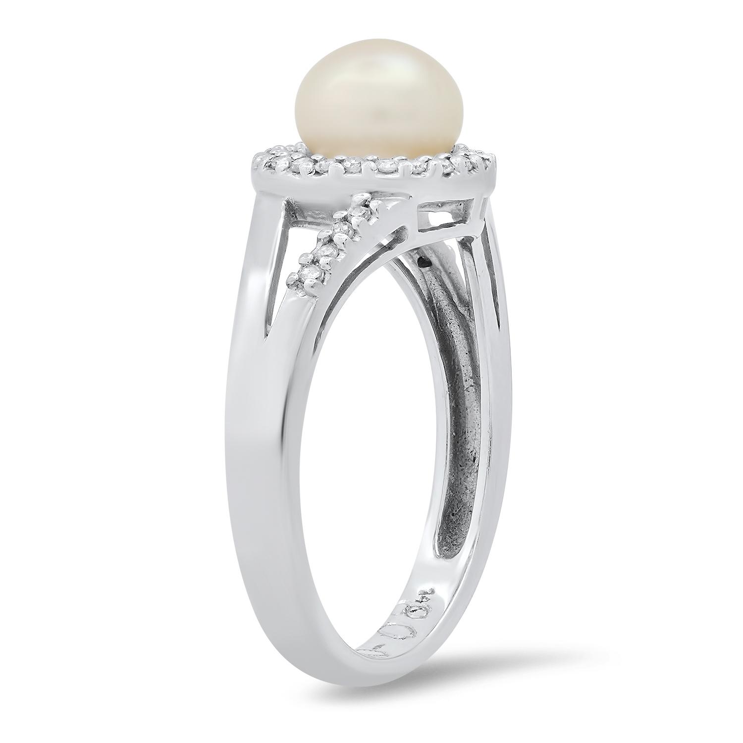 14K White Gold Setting with one 7mm Cultured Pearl and 0.15ct Diamond Ladies Ring